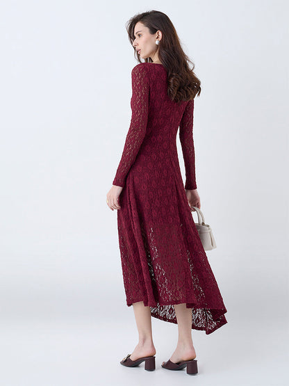 LOV Burgundy Floral Lace Detailed Fishtail Dress