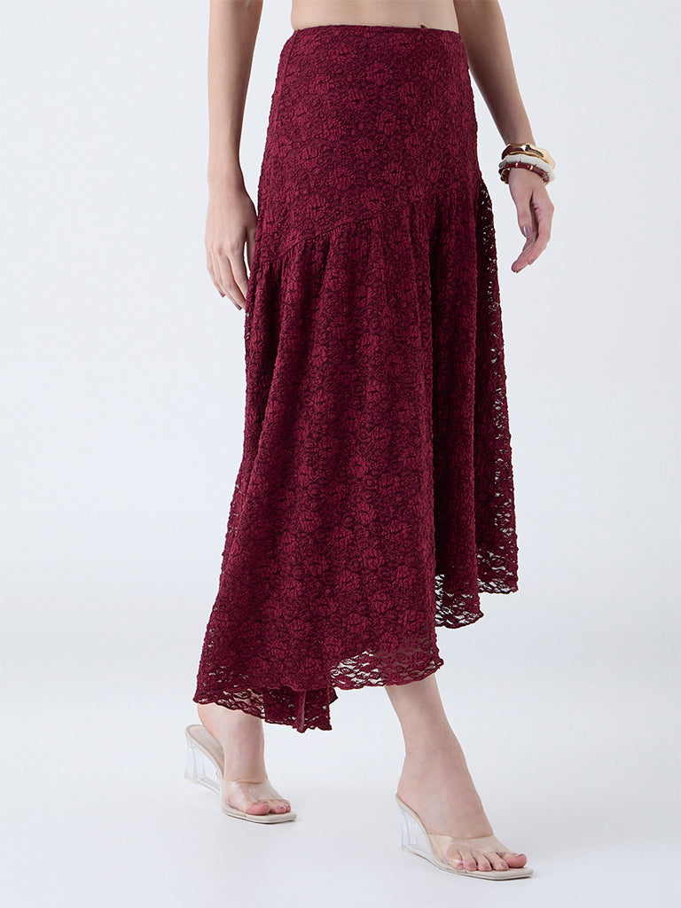 LOV Burgundy Floral Lace Detailed High-Rise Skirt