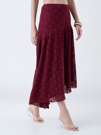 LOV Burgundy Floral Lace Detailed High-Rise Skirt