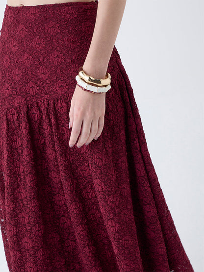 LOV Burgundy Floral Lace Detailed High-Rise Skirt
