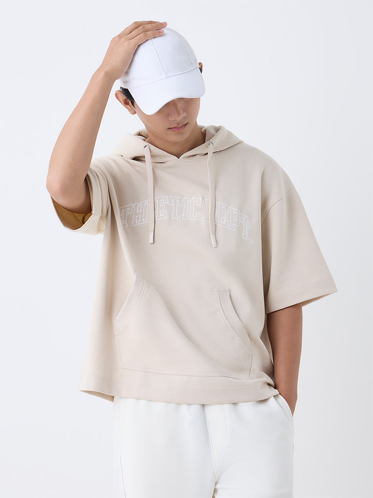 Studiofit Beige Relaxed-Fit Cotton-Blend Hoodie