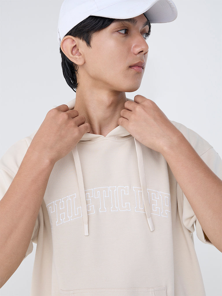 Studiofit Beige Relaxed-Fit Cotton-Blend Hoodie