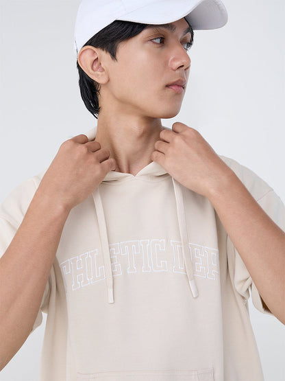 Studiofit Beige Relaxed-Fit Cotton-Blend Hoodie