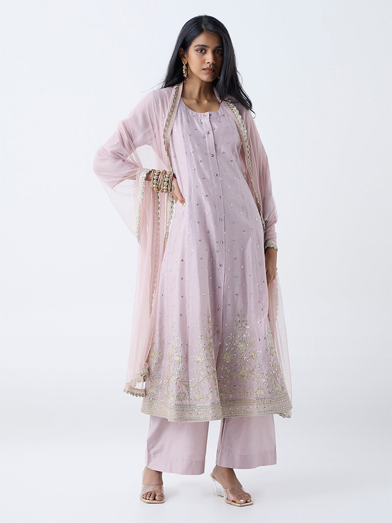 Vark Dusty Pink Embellished Anarkali Cotton-Blend Ethnic Set