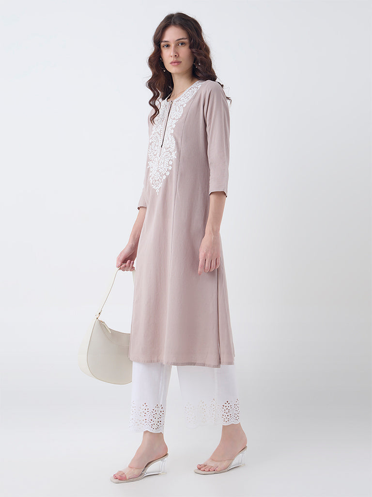 Utsa Taupe Paisley Embroidered A-Line Cotton-Blend Kurta