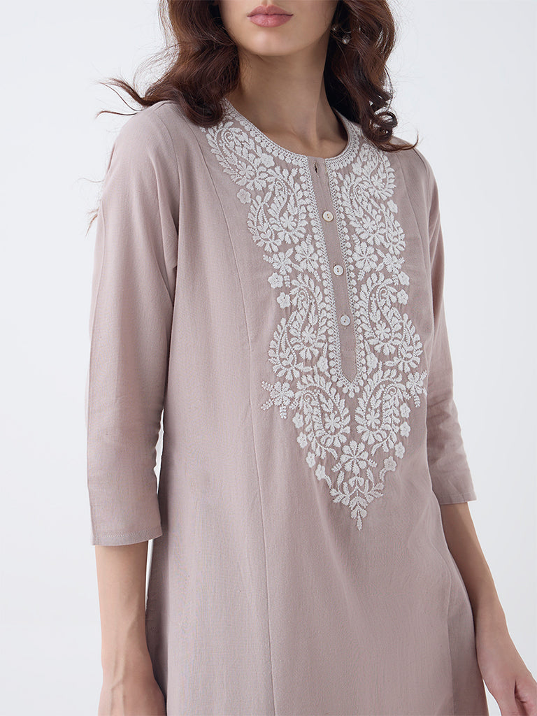 Utsa Taupe Paisley Embroidered A-Line Cotton-Blend Kurta