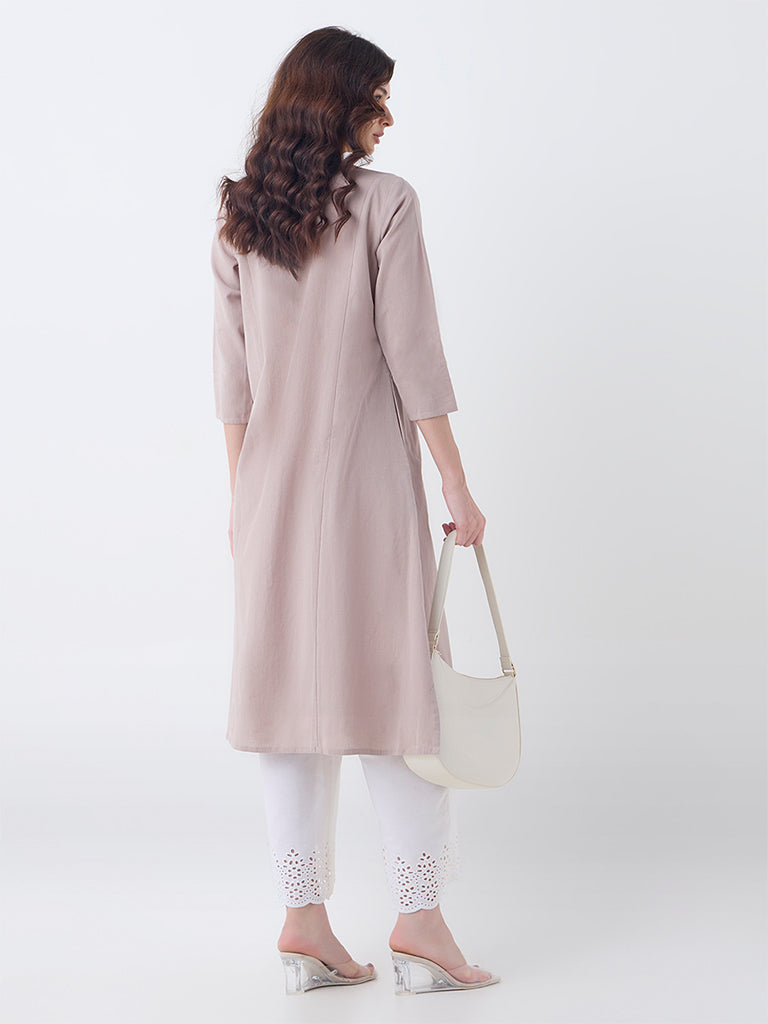 Utsa Taupe Paisley Embroidered A-Line Cotton-Blend Kurta