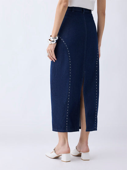 LOV Dark Blue Stud Detailed High-Rise Denim Skirt