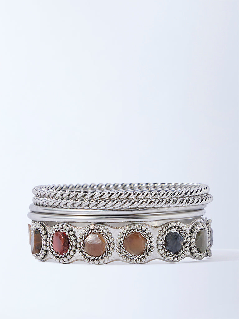 Westside Accessories Silver Gemstone-Detailed Bangles Set - Pack of 5