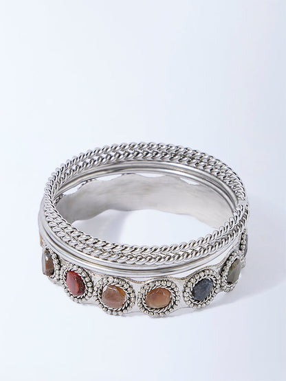 Westside Accessories Silver Gemstone-Detailed Bangles Set - Pack of 5