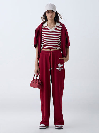 Studiofit Maroon Text Printed High-Rise Track Pants
