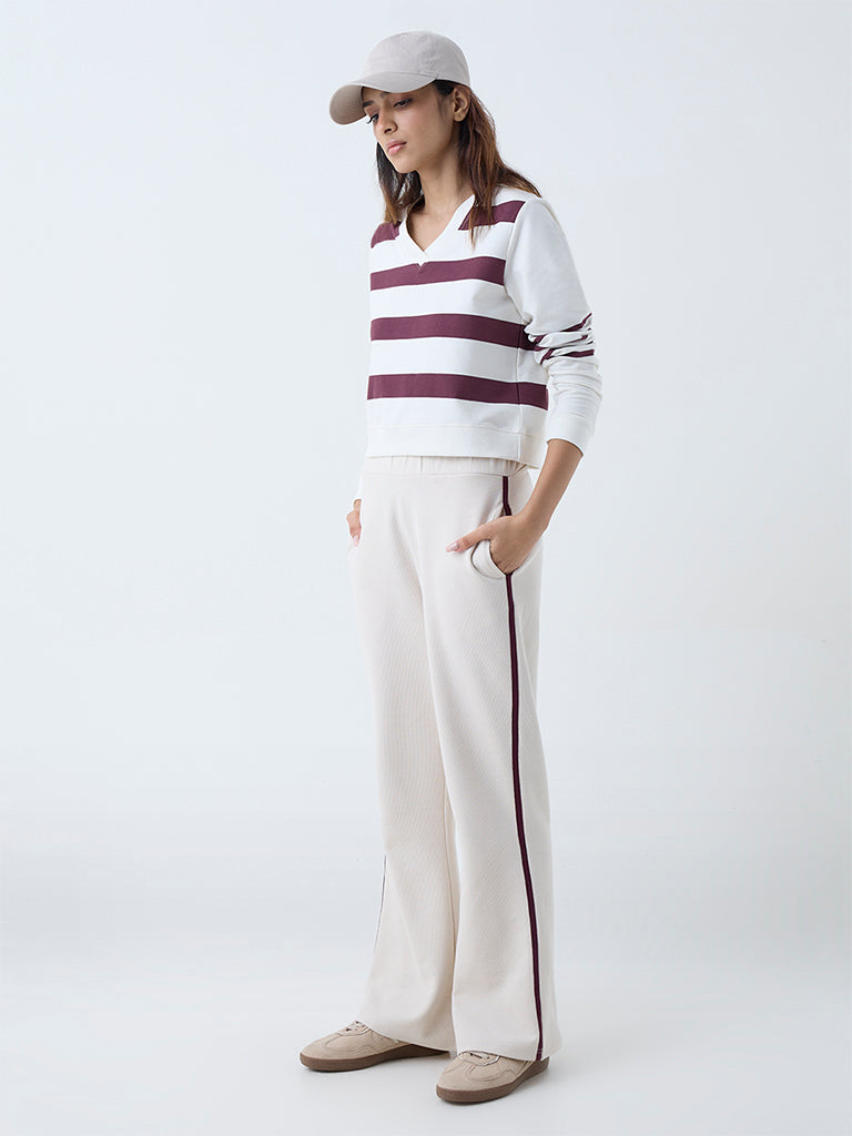 Studiofit Cream Striped Cotton-Blend T-Shirt