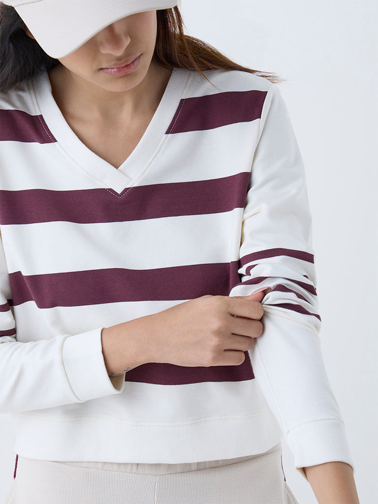 Studiofit Cream Striped Cotton-Blend T-Shirt