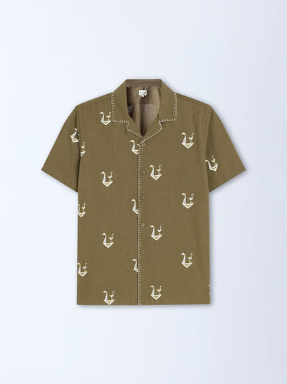 ETA Olive Embroidered Relaxed-Fit Cotton-Blend Shirt