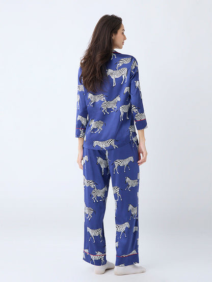 Wunderlove Navy Animal Pattern Shirt and Pyjamas Set