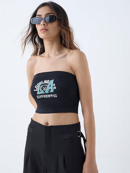 Nuon Black Text Printed Cotton-Blend Tube Top