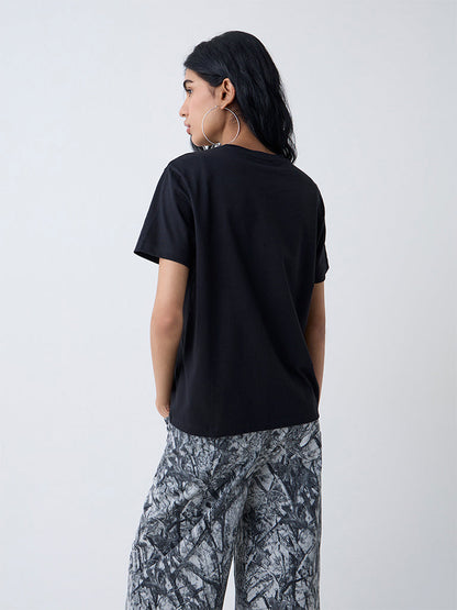 Nuon Black Numerical Print Cotton T-Shirt