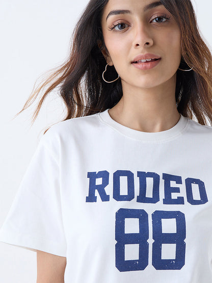 Nuon White Numerical Printed Cotton T-Shirt
