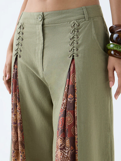 Bombay Paisley Olive Printed Cotton-Blend Pants