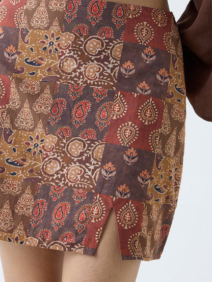 Bombay Paisley Brown Printed Cotton Skirt