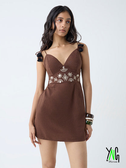 Bombay Paisley Brown Embroidered Cotton-Blend A-Line Dress