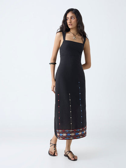 Bombay Paisley Black Embroidered Cotton A-Line Dress