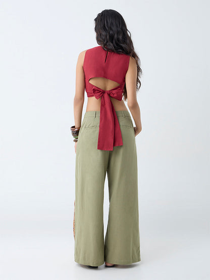 Bombay Paisley Maroon Embroidered Cotton-Blend Crop Top