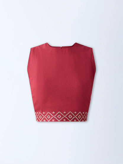 Bombay Paisley Maroon Embroidered Cotton-Blend Crop Top