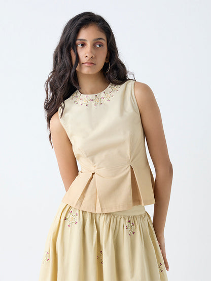 Bombay Paisley Beige Embroidered Cotton Peplum Top