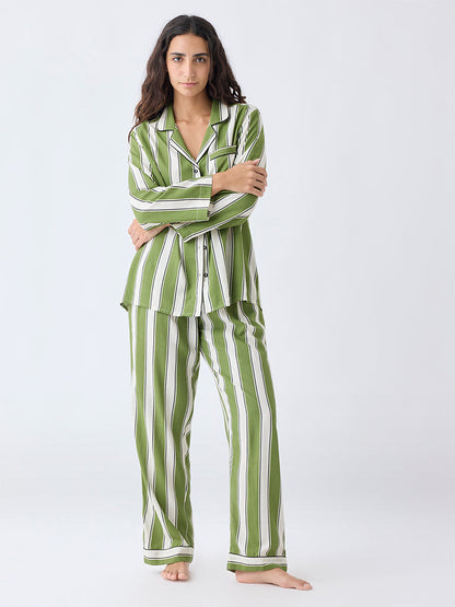 Wunderlove Green Pattern Cotton Shirt and Pyjamas Set