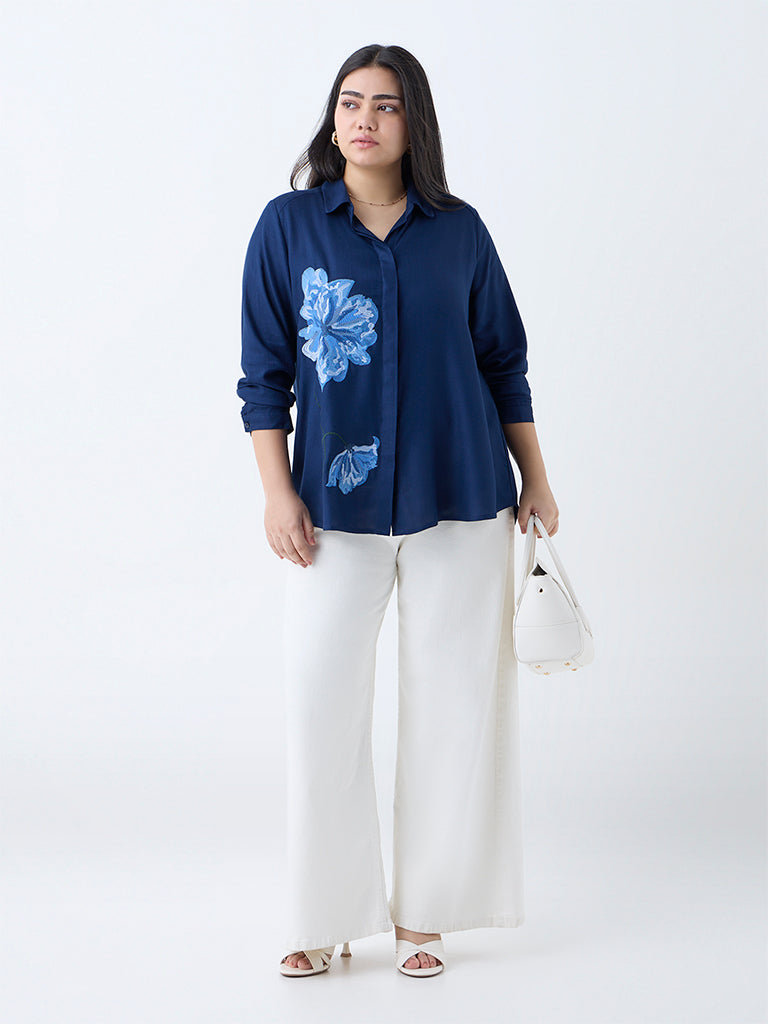 Gia Dark Blue Floral Embroidered Shirt