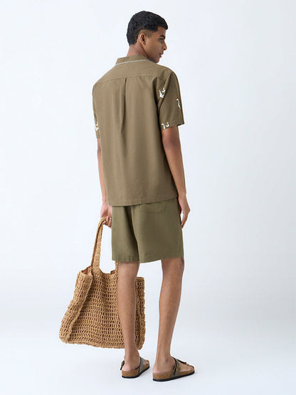 ETA Olive Solid Relaxed-Fit Mid-Rise Cotton-Blend Shorts