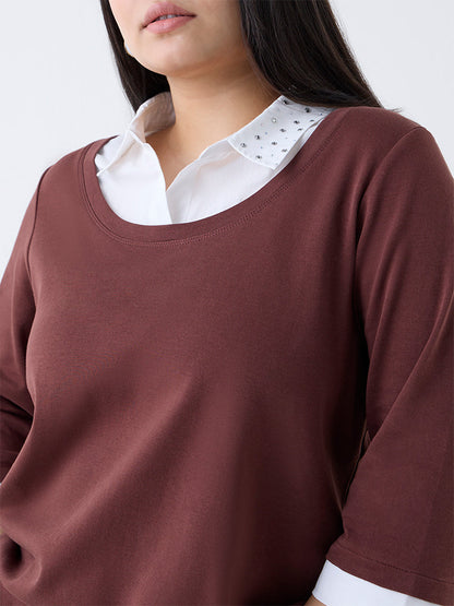 Gia Brown Solid Cotton T-Shirt