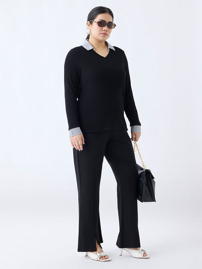 Gia Black Ribbed-Textured T-Shirt