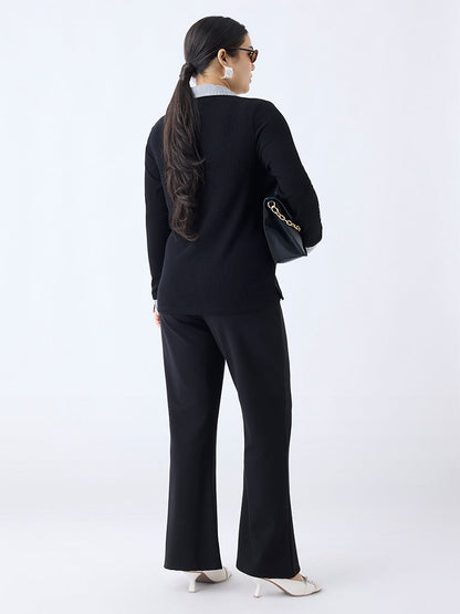 Gia Black Ribbed-Textured T-Shirt