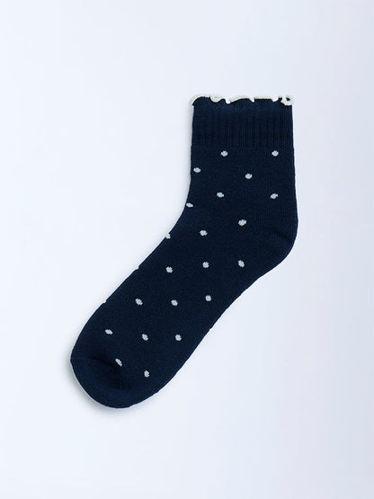 Superstar Navy Polka Dotted Cotton-Blend Socks