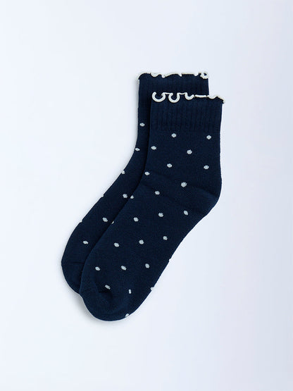 Superstar Navy Polka Dotted Cotton-Blend Socks