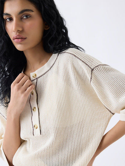 Studiofit Cream Crochet Detailed Cotton T-Shirt
