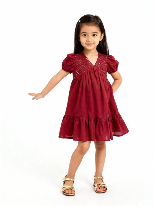 Utsa Kids Red Mirror-Work Detailed Cotton Tiered Dress - (2-8yrs)