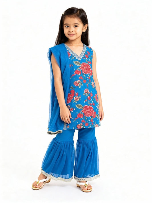 Utsa Kids Blue Floral Pattern Straight Ethnic Set - (2-8yrs)